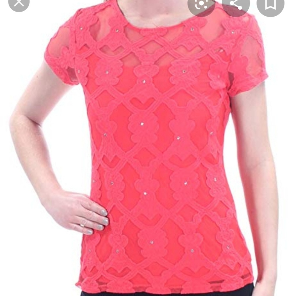 💚Coral rhinestones lace top